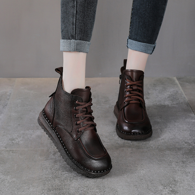 秋冬新款真皮舒适防滑手工上线女靴头层牛皮软底软面妈妈平底单鞋