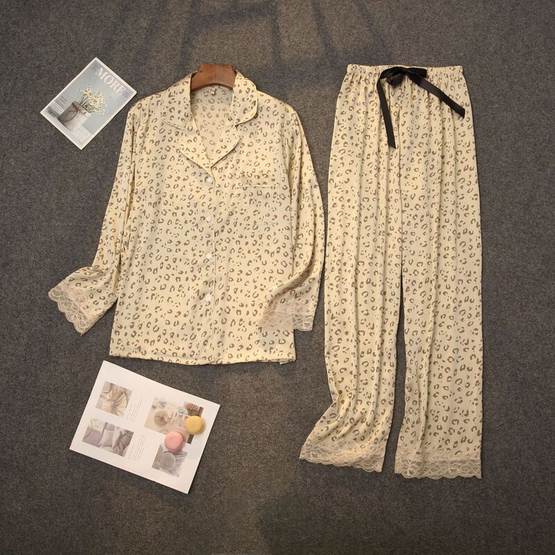 21 new leopard print double long pajamas suit home clothes pajamas wholesale