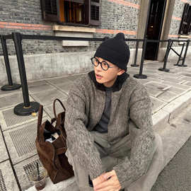 cleanfit灰色马海毛连帽毛衣开衫外套冬季高级撞色帽衫慵懒针织衫