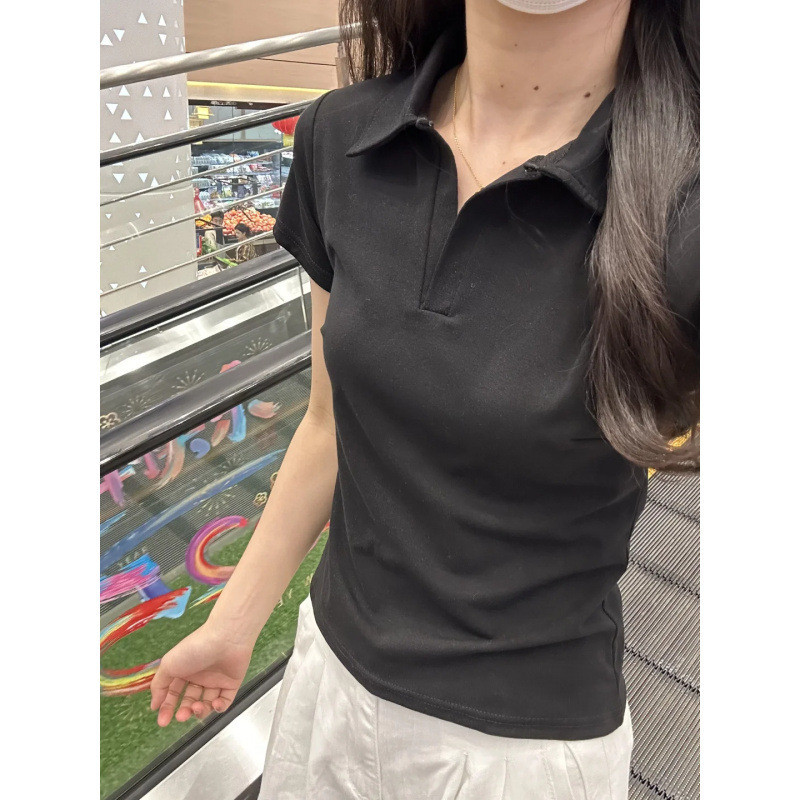 2025 新しい右肩ポロシャツ Tシャツ女性の夏半袖アメリカンレトロスリムウエスト痩身ラペルトップ|undefined