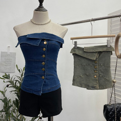 Real shot of sexy tight denim irregular single-breasted one-piece tube top vest strapless short top 2387