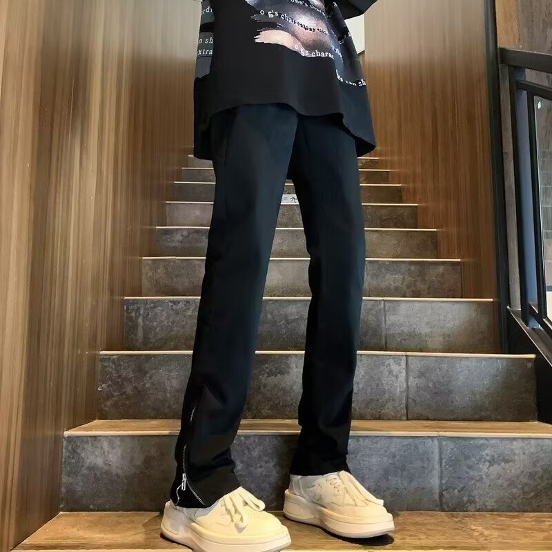 Pantalones vaqueros rasgados viejos lavados de la calle americana primavera y otoño de los hombres pantalones largos de estilo vibe de la calle alta de la moda recta suelta