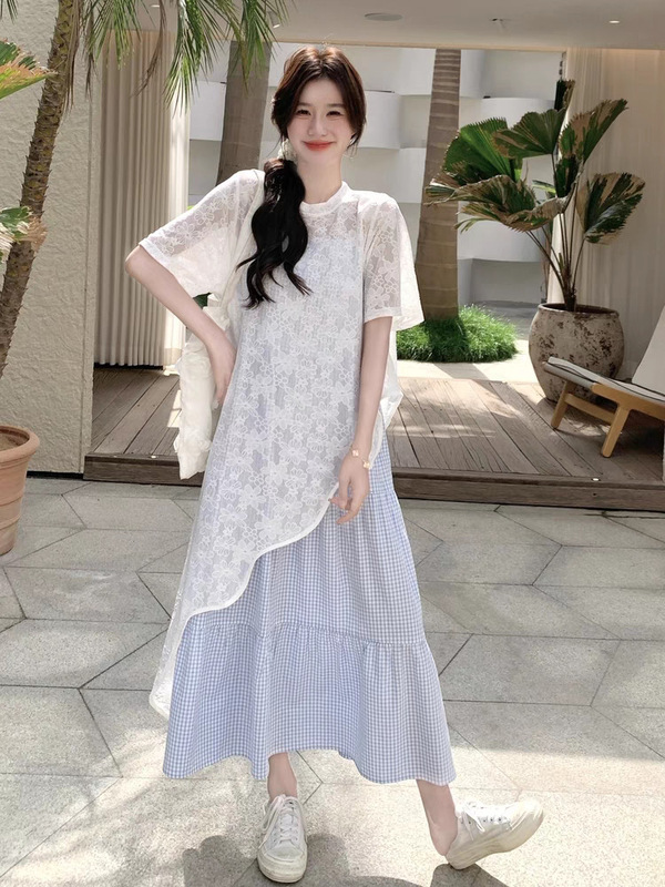 小清新蕾丝罩衫格子吊带连衣裙套装女2025夏季新款韩系甜美两件套|undefined