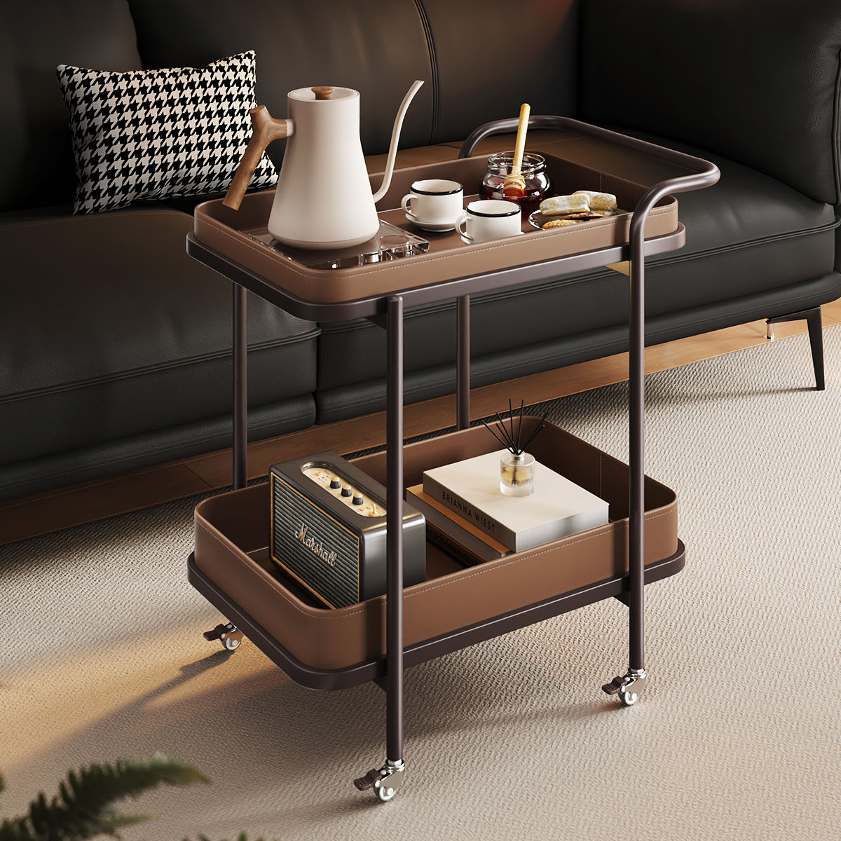 Light Luxury Saddle Leather Sofa Side Table Corner Table Trolley Storage Mobile Wheeled Sofa Side Living Room Small Coffee Table