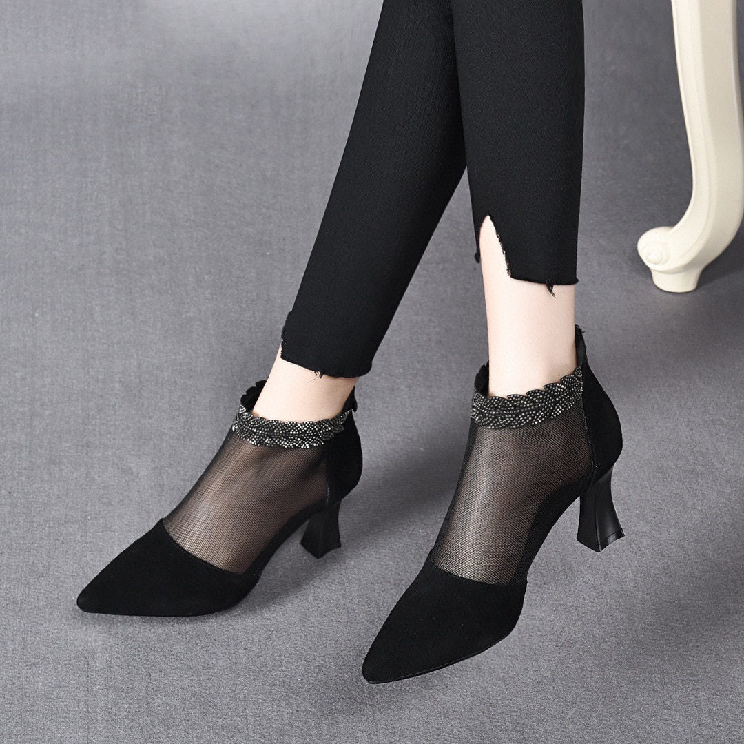 Giày sandal cao gót nữ hở mũi mũi nhọn gót nhọn 9 cm lưới thoáng khí — màu đen