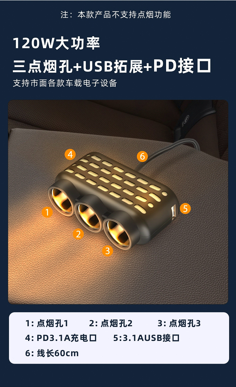 Colorful Light Car Cigarette Lighter Charger Car Charger Qc3.0+Usb+Pd Fast Charging Interface 12V24V