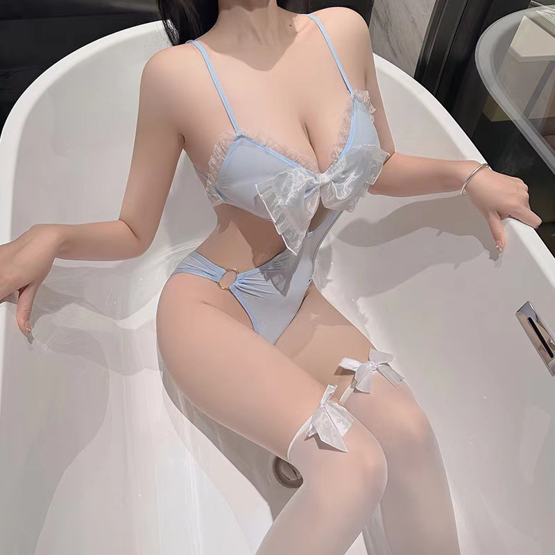 Sweet Bunny Uniform Costume Lingerie Set with Bow Detail and Pink Stockings — detail image 5
