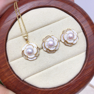 Natural Freshwater Pearl Pendant Earrings Light Luxury High Sense Broken Shellfish Micro Zircon Camellia Pearl suit Wholesale