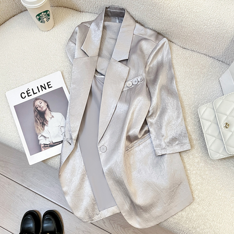 Gray Acetate Satin Texture Suit Jacket for Women 2025 Summer New Korean Style Loose Design Casual Suit