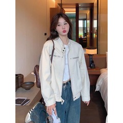 高品质美式复古白色工装短外套女春秋新款时髦小个子风衣夹克上衣