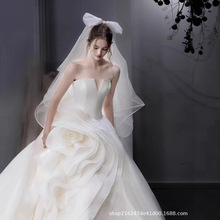 Weddingdress法式抹胸水晶段主纱花朵设计小拖尾仪式感户婚纱