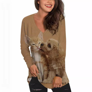 European and American Cross-border Women's 2023 Autumn New Printed Women's Sexy Simple Comfortable Loose T-shirt Pattern Long Sleeve