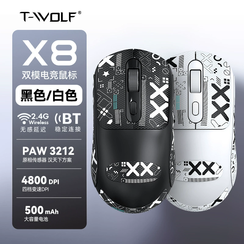 Беспроводная мышь (T-WOLF X8) двухрежимная Bluetooth, противоскользящая стикер‑отделка, Type‑C 500 mAh