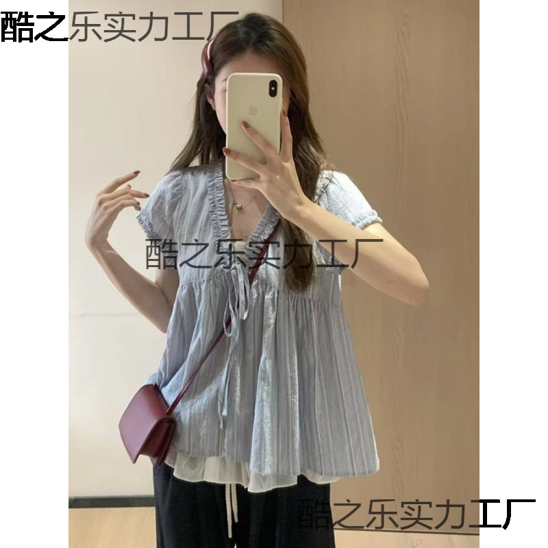 Korean Lace Fake Two-Piece Collar Shirt with Flying Sleeves for Women Summer New Design Splicing Loose Top
