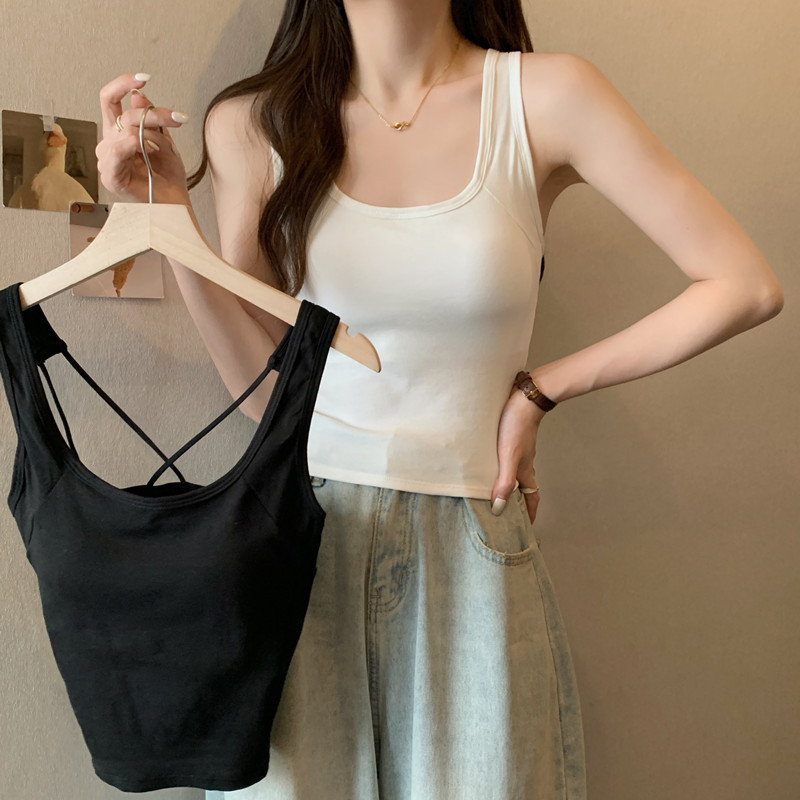 Summer Cross Sling Pure Cotton Beautiful Back Vest with Chest Pad Wrap Chest Slim-fit Outer Wear Base Slimming Short Top for Women