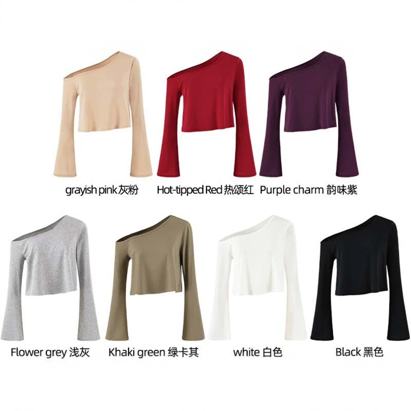 Lyocell Asymmetrical Shoulder T-shirt for Women, Fall 2026, Trendy Irregular Off-Shoulder Loose Short Cropped Long-Sleeve Top