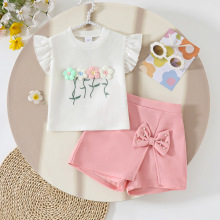 外贸童装 女童春夏新款立体花朵华夫格上衣半身裙裤蝴蝶结钉珠