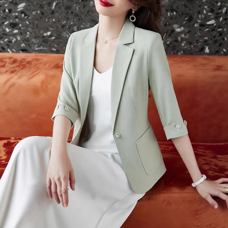 2025新款春秋薄女时尚优雅小西装修身西服短款七分袖气质上衣外套|undefined