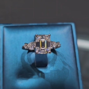 Cross-Border 3 Carat Emerald Triple Stone Moissanite Engagement Ring 925 Silver Closed Ring Factory Direct Sales Wholesale