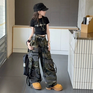 女童迷彩工装裤套装2026新款中大童阔腿裤潮酷街舞裤子短袖两件套