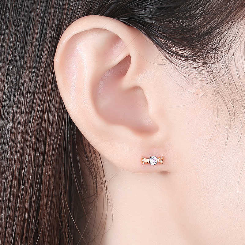 S925 plata esterlina candy stud pendientes personalidad de la moda pendientes japoneses y coreanos temperamento coreano simple arco galvanizado oro rosa