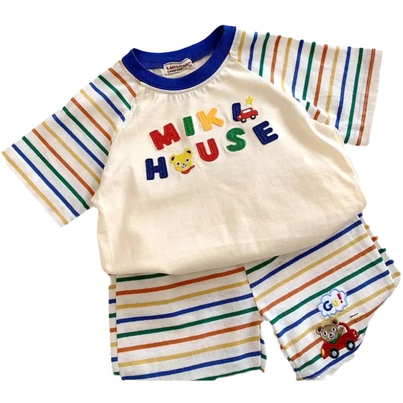 2023 nueva ropa para niños de verano niños y niñas costura a rayas de color pantalones cortos de manga corta traje de bebé para niños traje de dos piezas