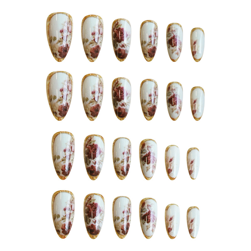 WM-323鎏金玫瑰假指甲杏仁跨境古典花朵油画气质24片穿戴甲片批发|undefined