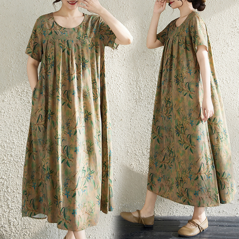 Middle-Aged and Elderly Women's Large Size Floral Cotton Silk Dress 2026 Summer New Style Elegant Dress for Middle-Aged Mothers over 50 Years Old Middle-Aged and Elderly Women's Large Size Floral Cotton Silk Dress 2026 Summer New Style Elegant Dress for Middle-Aged Mothers over 50 Years Old
