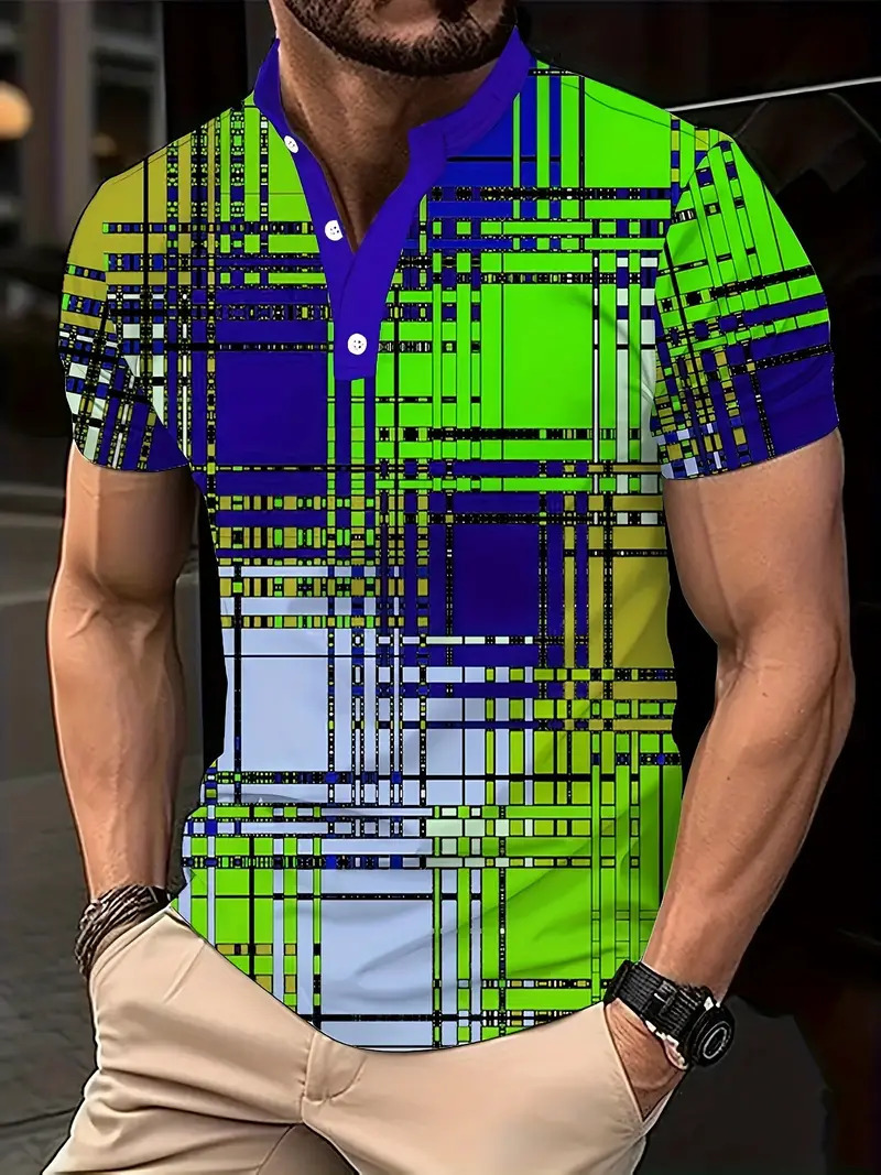 Nuevo estilo transfronterizo de verano 3d geométrico cubo estampado cuello alto botón de manga corta polo playa casual ME13