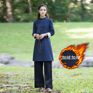 2022 Autumn New retro ethnic Zen tea clothing fleece-lined thickened mid-length top + wide-leg pants for women