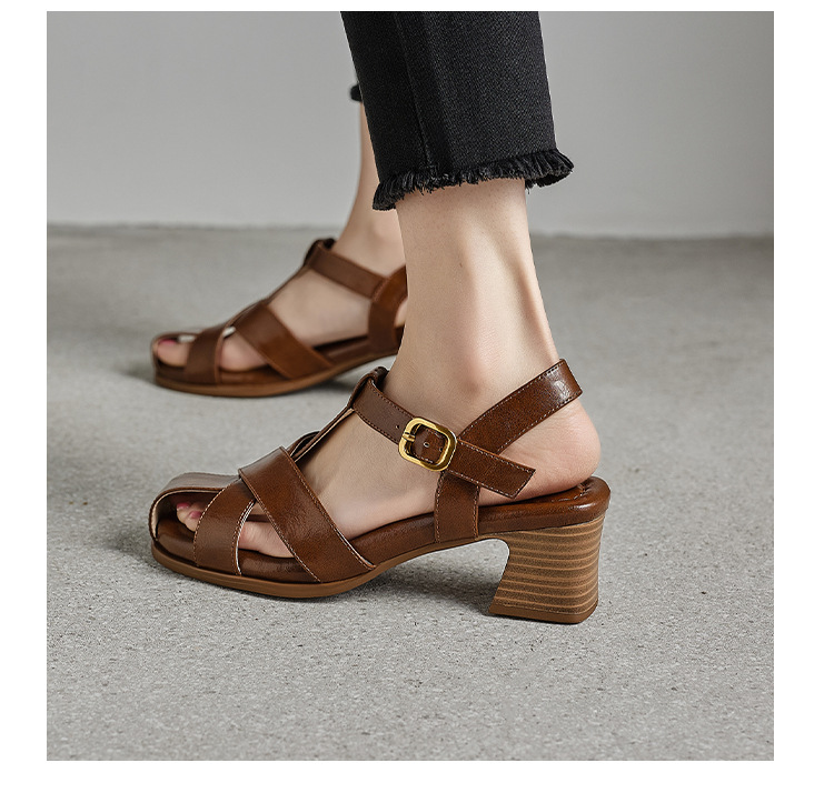Sandal nữ cao gót quai T dệt kiểu La Mã cổ điển — màu nâu chi tiết 18