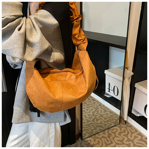Korean-style minimalist pleated cloud handbag, fresh and literary PU fabric tote shoulder bag with drawstring strap, crossbody fabric bag