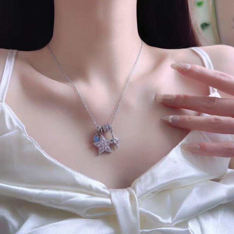 超闪微镶粉色锆石五角星幸运芒星项链女时尚精致轻奢百搭锁骨链潮|undefined