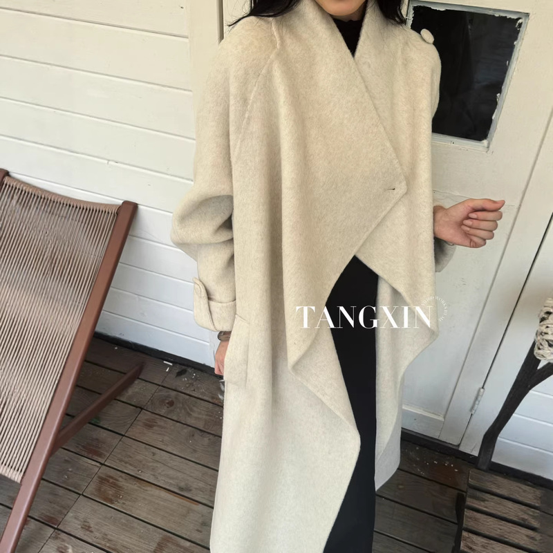 American Retro Lanyu Bay Wool Long Outwear Blue Elegant Classic Winter Double-Sided Woolen Outwear for Women