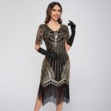 流苏连衣裙1920复古盖茨比舞会派对亮片钉珠短袖礼服裙亚马逊跨境