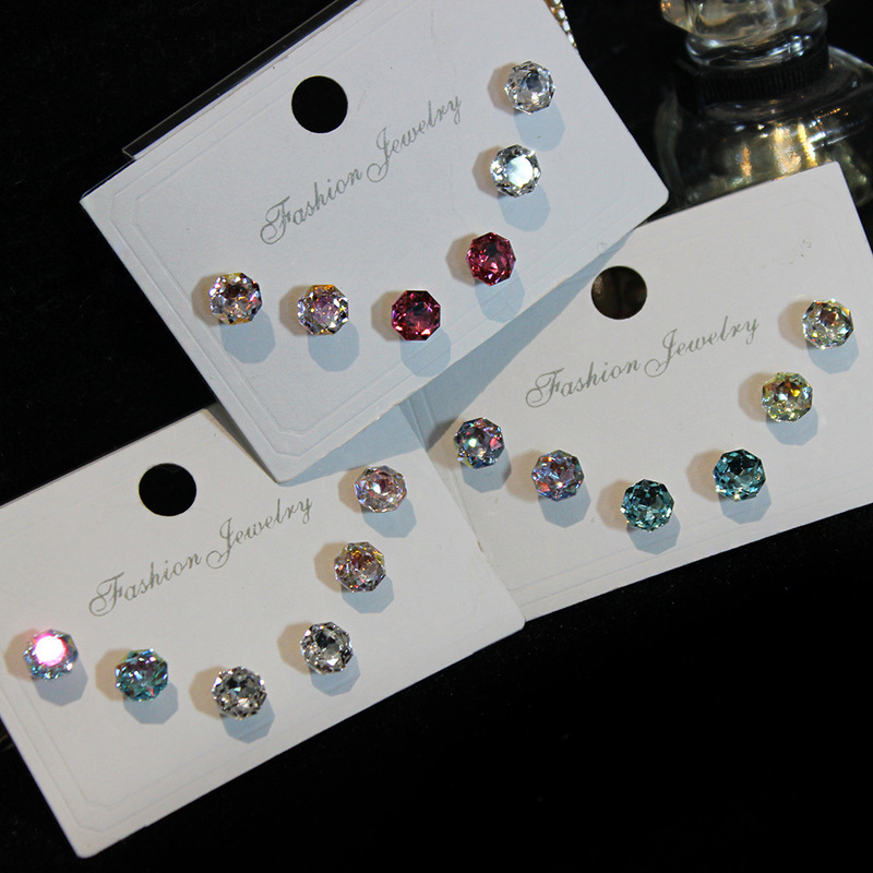 2026 New Model 925 Silver Needle Colorful 6mm Crystal Stud Earrings, One Card with Three Pairs Set, Women's Earrings 78929