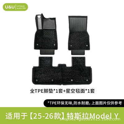 Modelə uyğun ayaqaltı – Tesla models, full-coverage non-slip car - black-suitable-for-25-26-model-y-single-layer-floor-mat-aluminum-alloy-starry-sky-carpet-surface