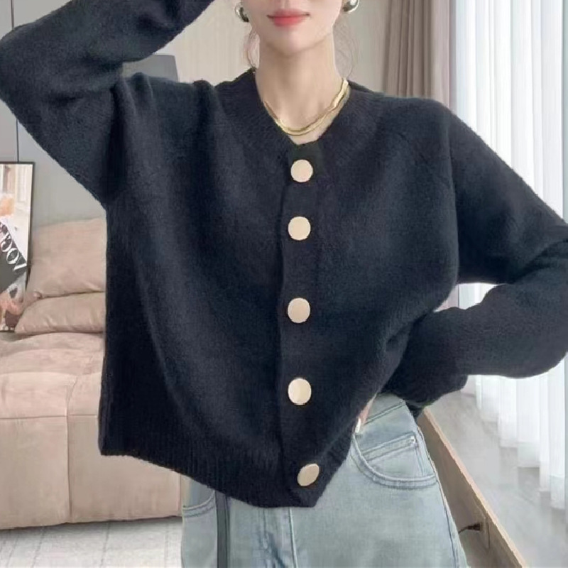 24 invierno Puyuan primavera y otoño nuevo color sólido dulce viento de punto Cardigan chaqueta de cuello redondo inserción