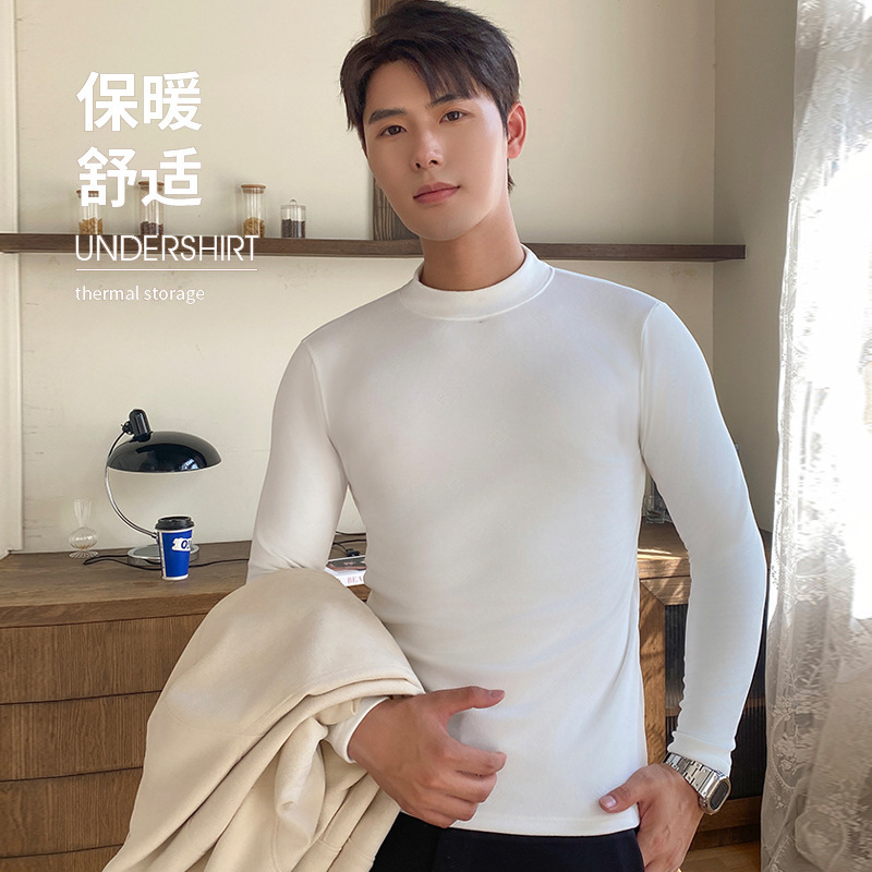 Autumn and Winter new men's half turtleneck single top mid collar hot fleece-lined thermal bottoming shirt outer wear inner long sleeve underwear