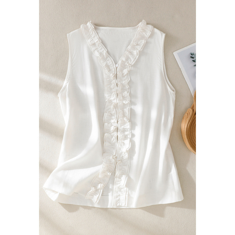 French-Style Ruffled V-Neck Sleeveless Shirt for Women, New Summer Style, Elegant and Slimming Cotton-Linen Tank Top Cardigan
