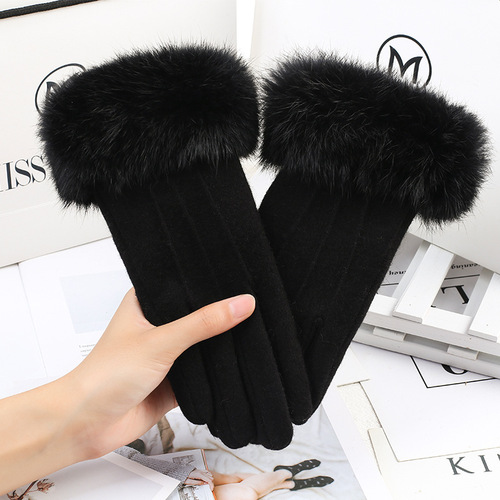 Wool and velvet mouth touch screen gloves for women in autumn and winter, warm and velvet, fashionable riding and windproof wholesale dropshipping