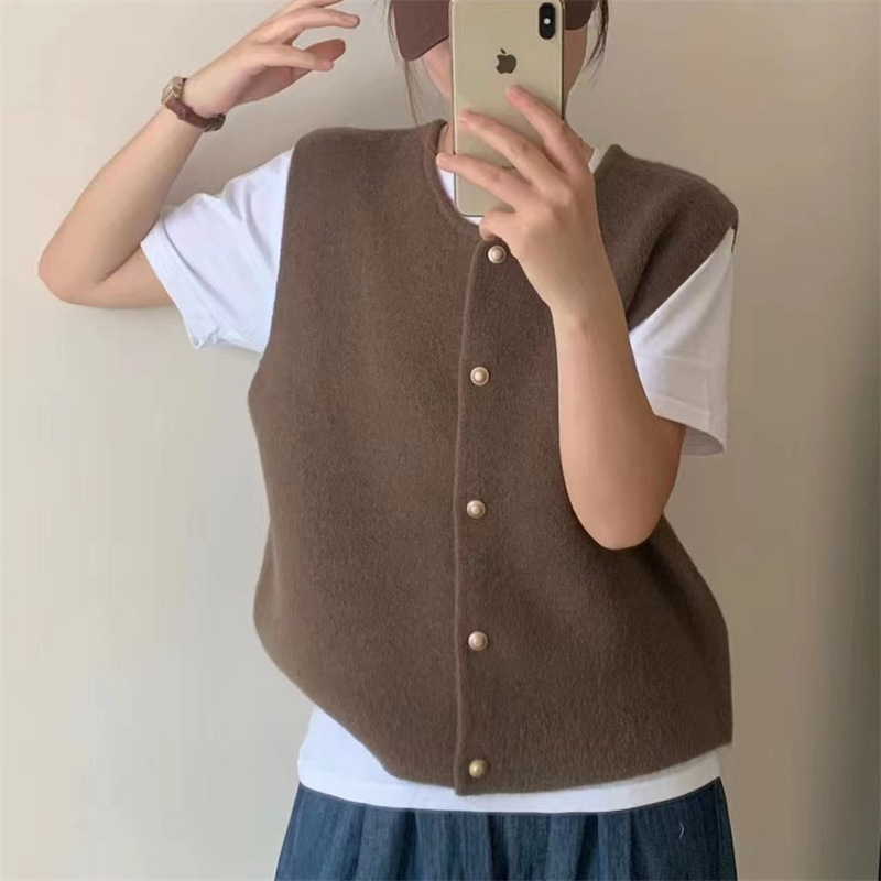 Chaleco Cárdiğan de Punto para Mujer de Cachemira de Punto Cuello Redondo Sin Mangas con Botones para Invierno