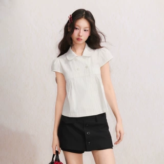 umoumo乌蘑夏季甜美慵懒娃娃领双排扣条纹衬衫宽松显瘦文艺小衫