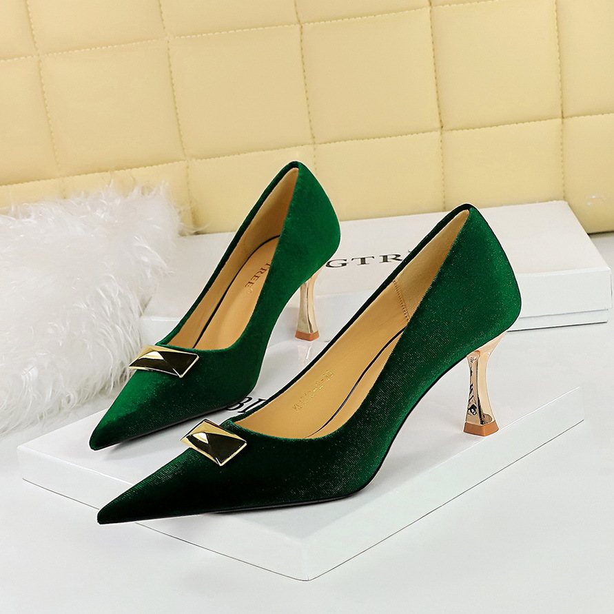 1818-K81 European And American Style Party High-heeled Shoes With Heel, Shallow Pointed Toe, Metal Buckle Decoration,_vogvips.com