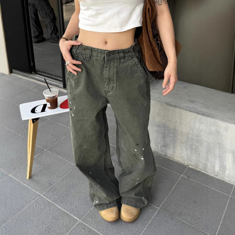 Vintage Old Washed Splash Ink Straight Loose Overalls Men's and Women's Street Trendy All-match Adjustable Trousers