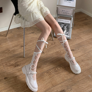 Japanese soft girl lolita calf socks children's mid-tube summer thin hollow cross strap jk calf socks