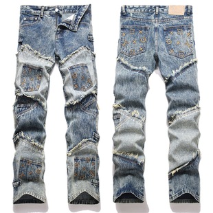 in stock European and American Style 2025 New Slim Fit Straight Tube Stitching Collage Embroidered Youth Blue Men's Horn Jeans