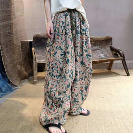 2025夏新款苎麻印花休闲裤复古文艺褶皱设计宽松长裤