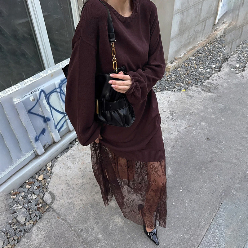 欧美风2025秋季外贸新款时尚气质街头纯色圆领宽松上衣蕾丝裙套装|undefined