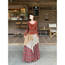 小众不撞款套装女春秋新款民族风褶皱荡领T恤搭配A字半身裙两件套